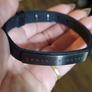 Armani Exchange Black Leather Bracelet With Silver Accent.